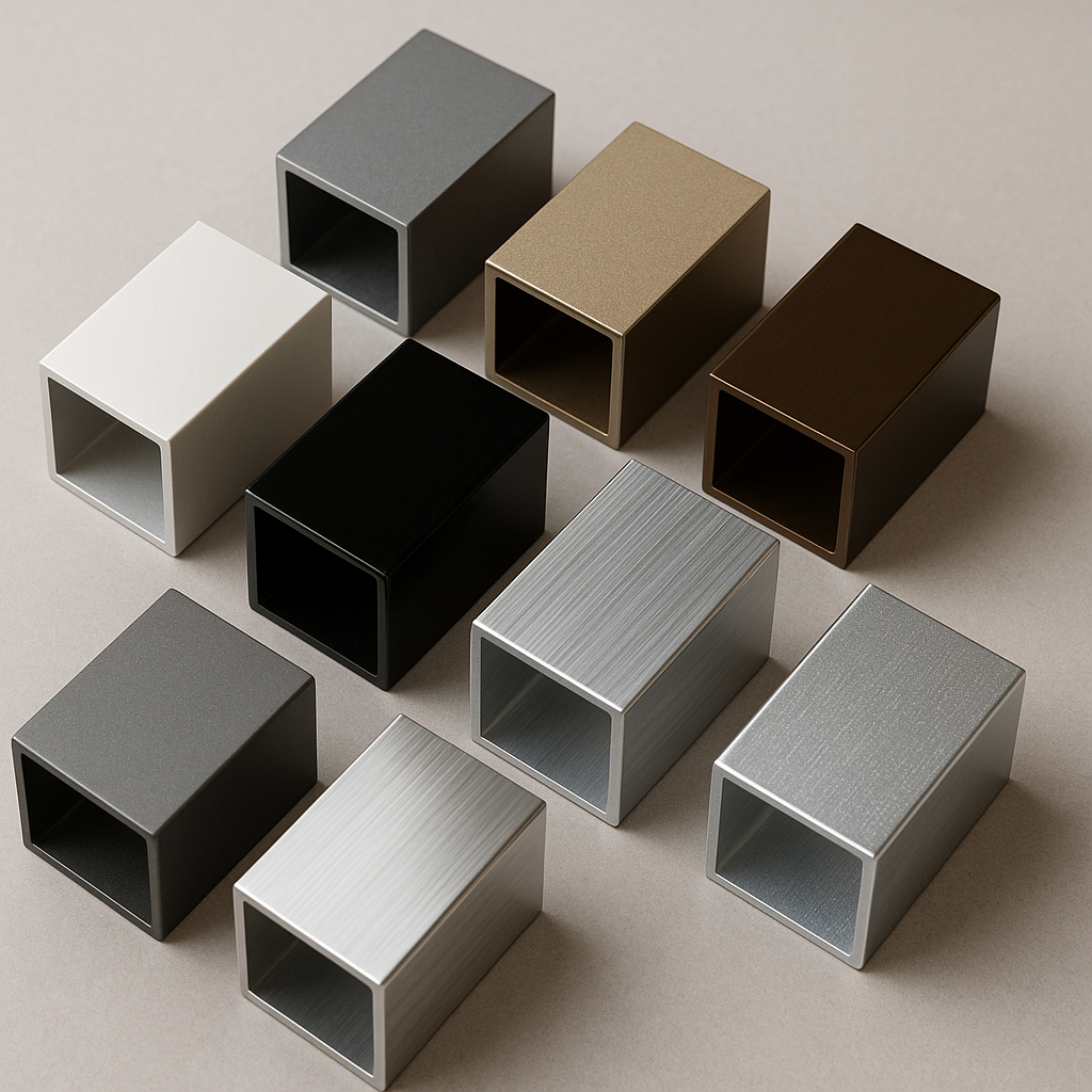 Profile de aluminiu în diferite culori – gri antracit, maro și bej – alături de un ghid despre cum alegi culoarea potrivită pentru profile de aluminiu.